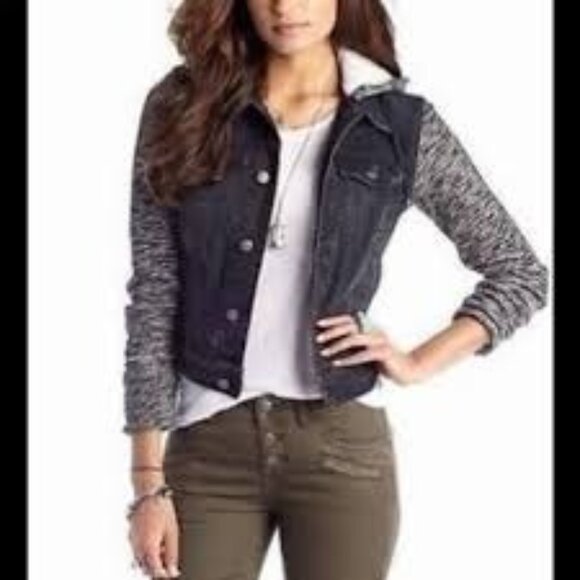 Free People Denim Jacket Layered Knit Hooded Dark Washed Women's Size Small - Picture 1 of 11